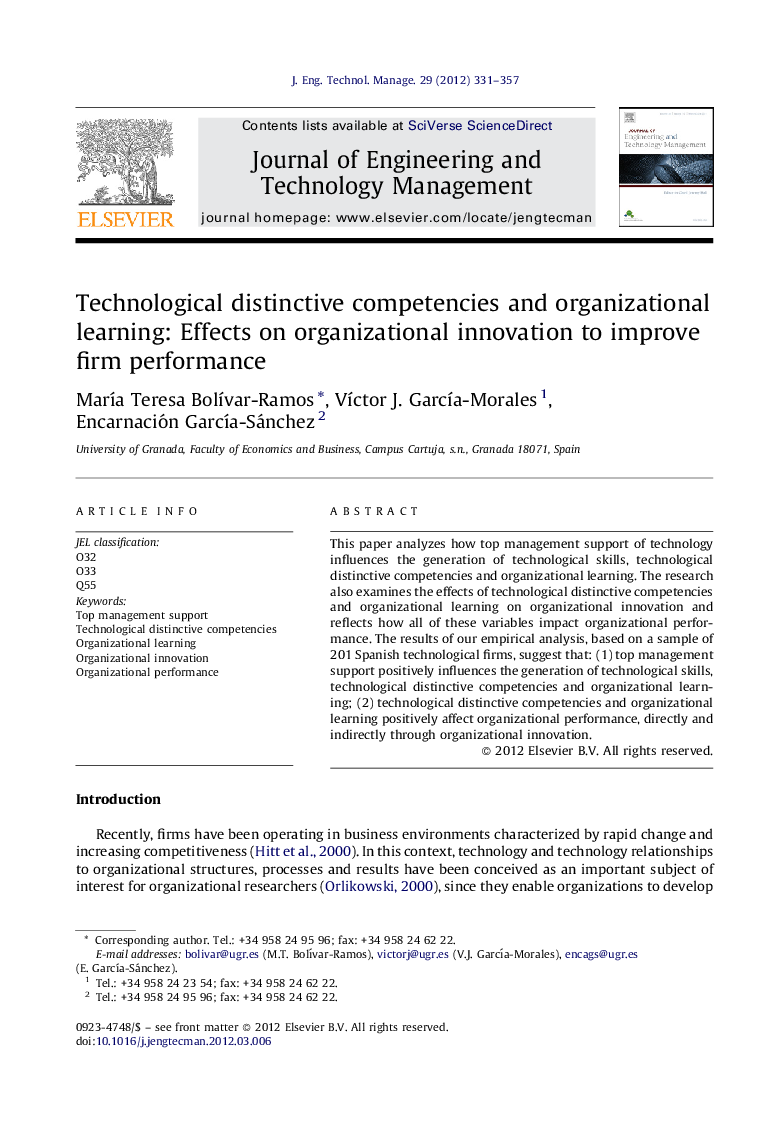 Technological distinctive competencies and organizational learning: Effects on organizational innovation to improve firm performance