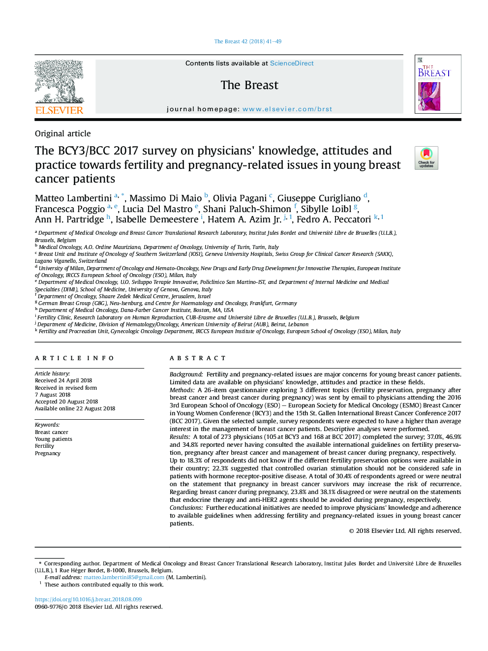 The BCY3/BCC 2017 survey on physicians' knowledge, attitudes and practice towards fertility and pregnancy-related issues in young breast cancer patients