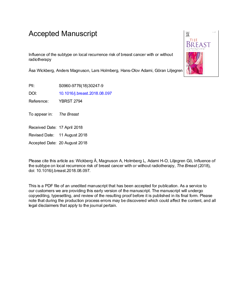 Influence of the subtype on local recurrence risk of breast cancer with or without radiation therapy