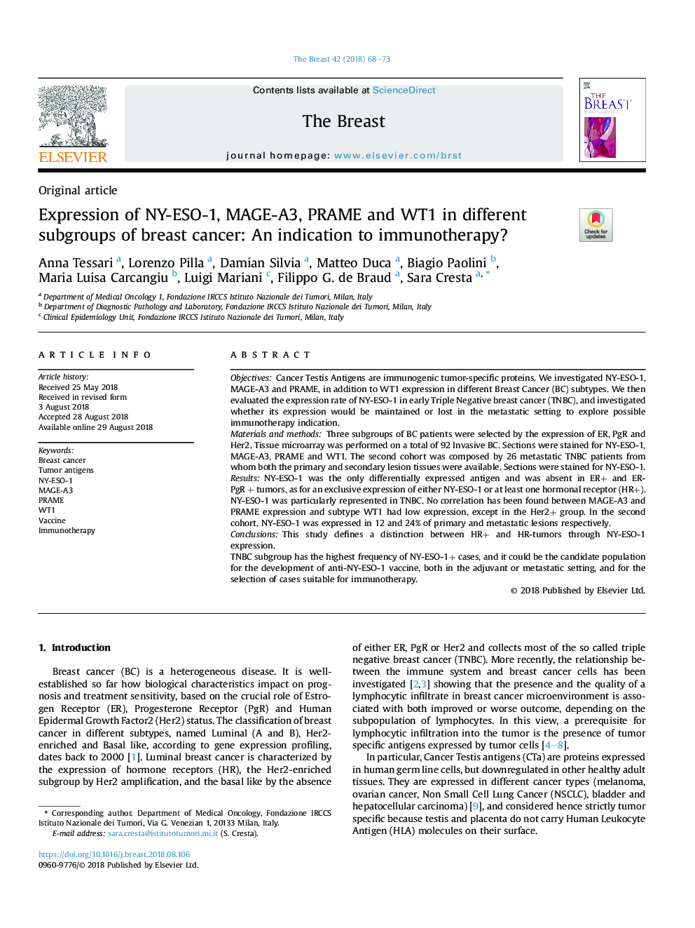 Expression of NY-ESO-1, MAGE-A3, PRAME and WT1 in different subgroups of breast cancer: An indication to immunotherapy?