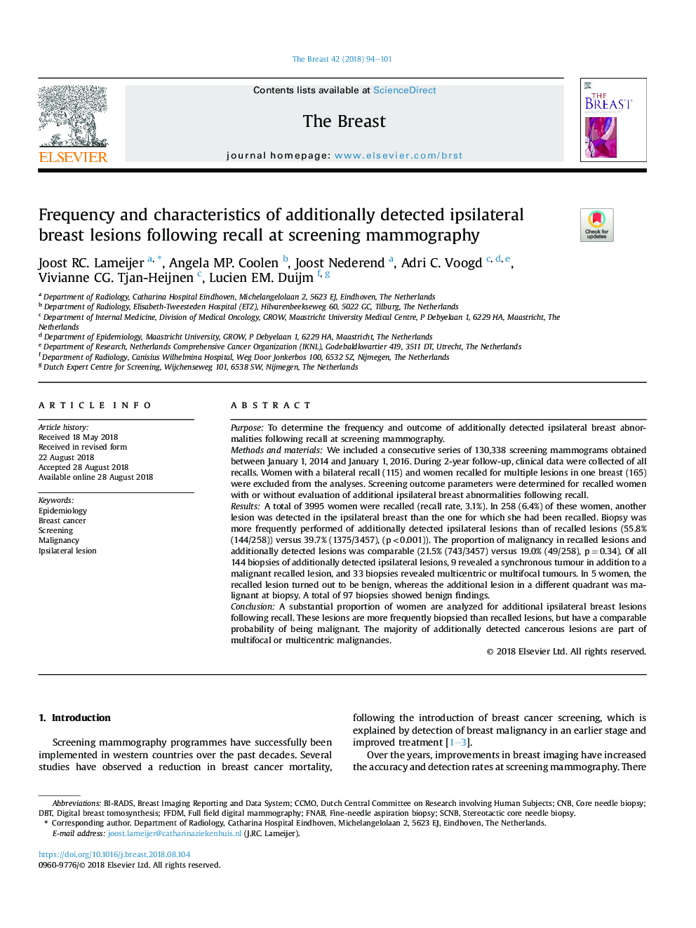 Frequency and characteristics of additionally detected ipsilateral breast lesions following recall at screening mammography