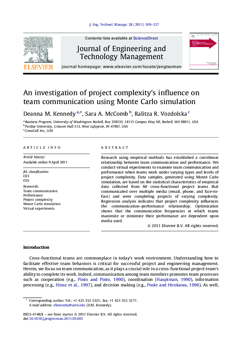 An investigation of project complexity's influence on team communication using Monte Carlo simulation