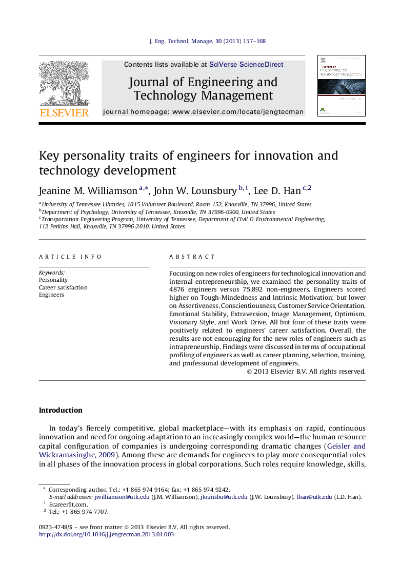 Key personality traits of engineers for innovation and technology development