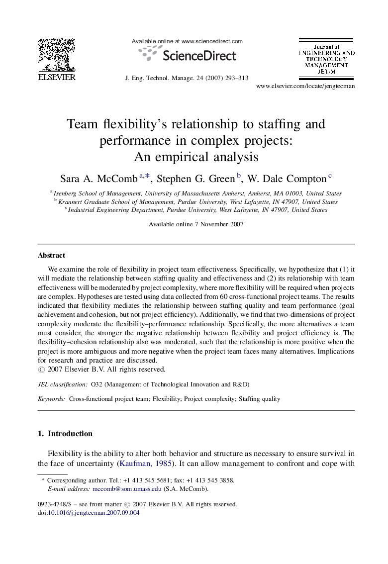 Team flexibility's relationship to staffing and performance in complex projects: An empirical analysis
