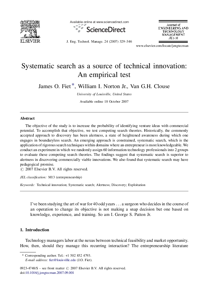 Systematic search as a source of technical innovation: An empirical test