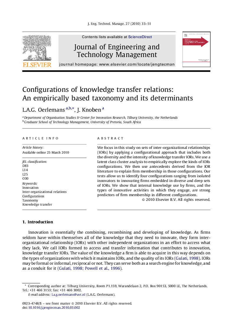 Configurations of knowledge transfer relations: An empirically based taxonomy and its determinants