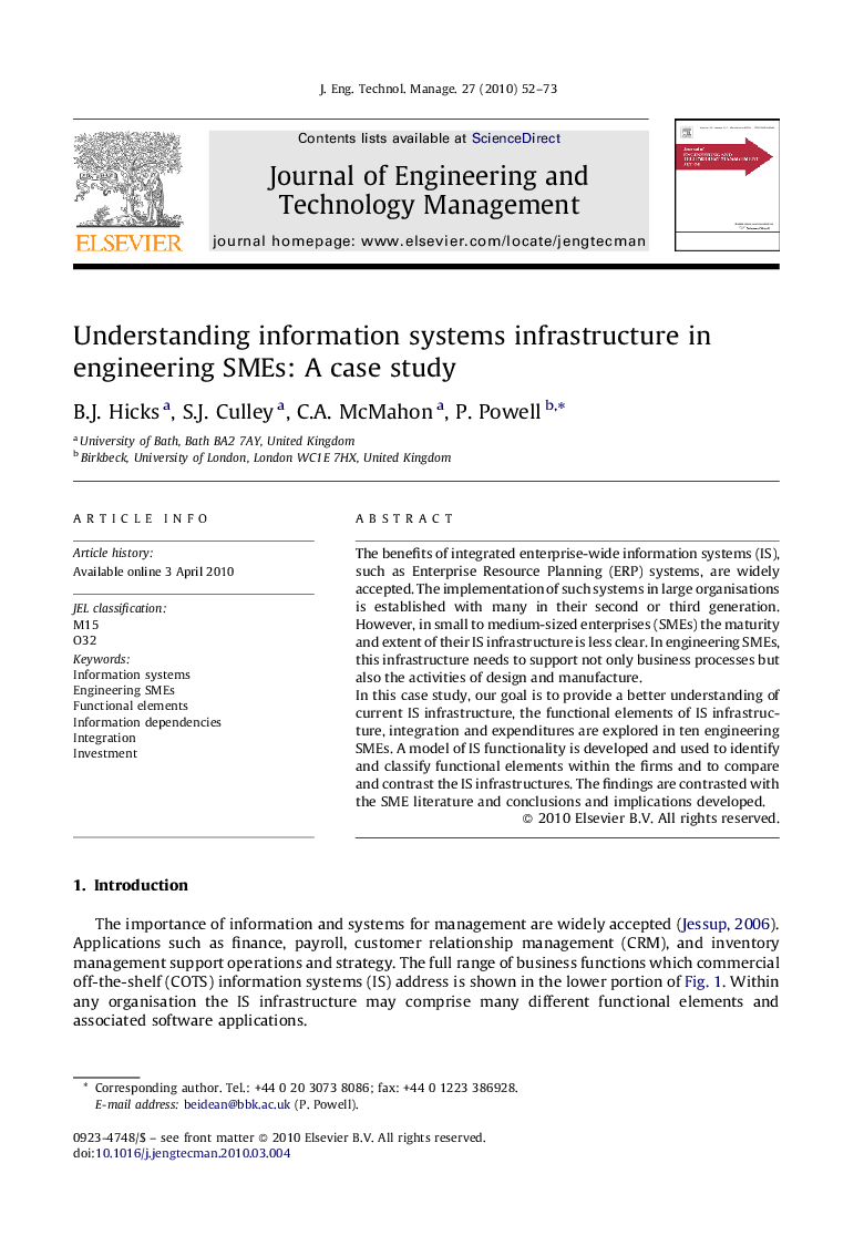 Understanding information systems infrastructure in engineering SMEs: A case study