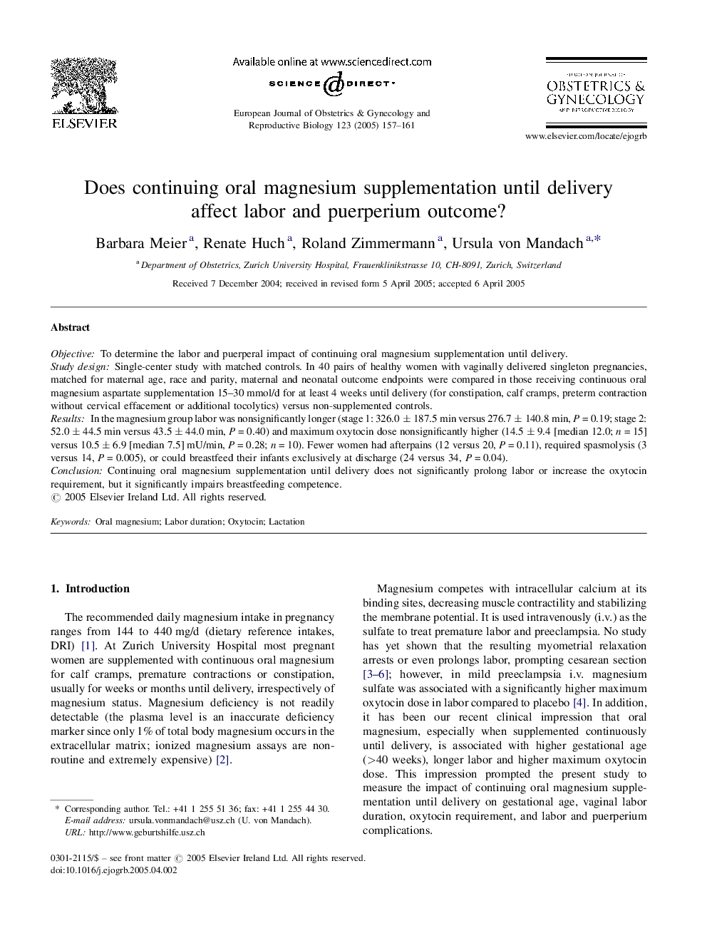 Does continuing oral magnesium supplementation until delivery affect labor and puerperium outcome?