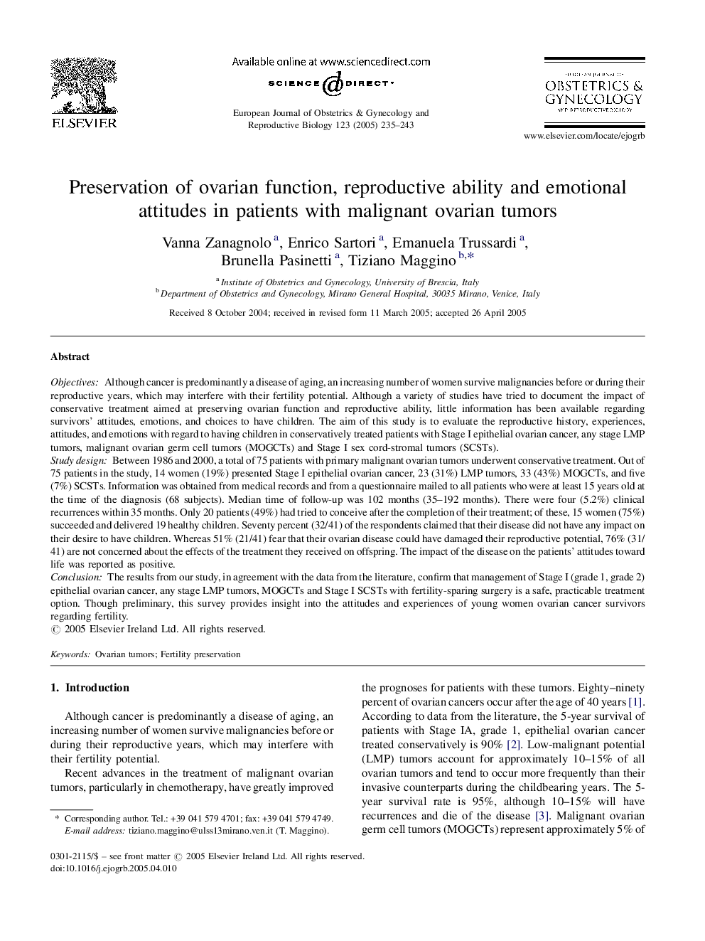 Preservation of ovarian function, reproductive ability and emotional attitudes in patients with malignant ovarian tumors