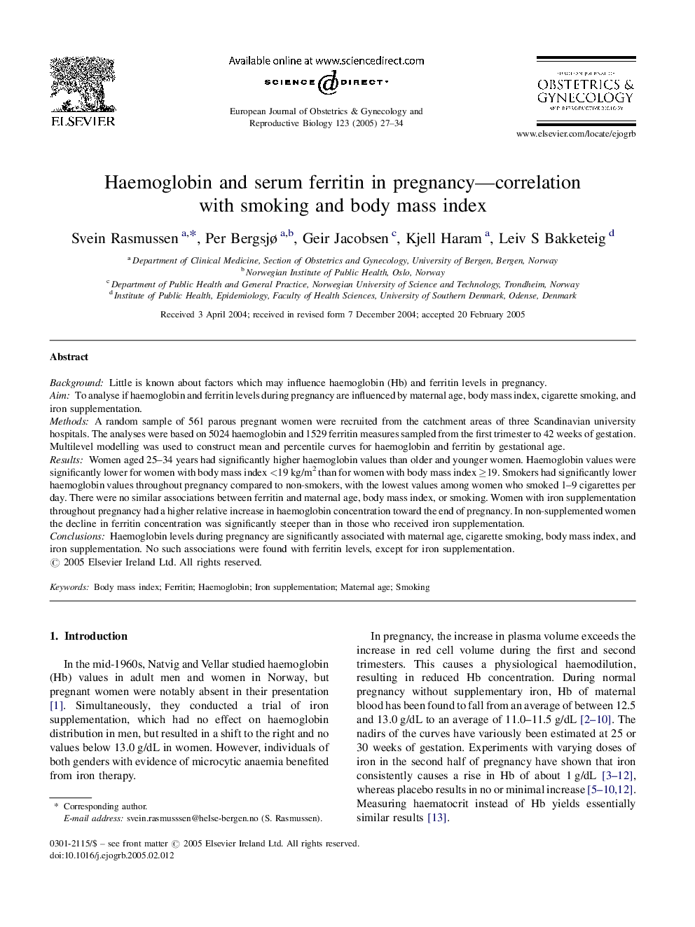 Haemoglobin and serum ferritin in pregnancy-correlation with smoking and body mass index