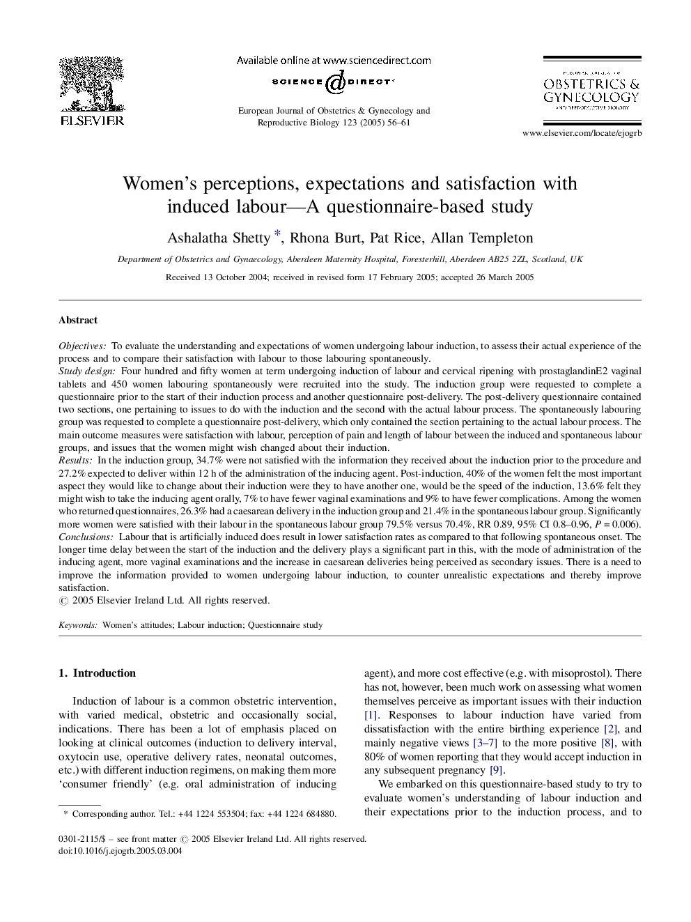 Women's perceptions, expectations and satisfaction with induced labour-A questionnaire-based study