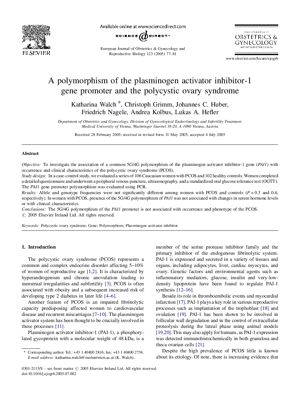 A polymorphism of the plasminogen activator inhibitor-1 gene promoter and the polycystic ovary syndrome