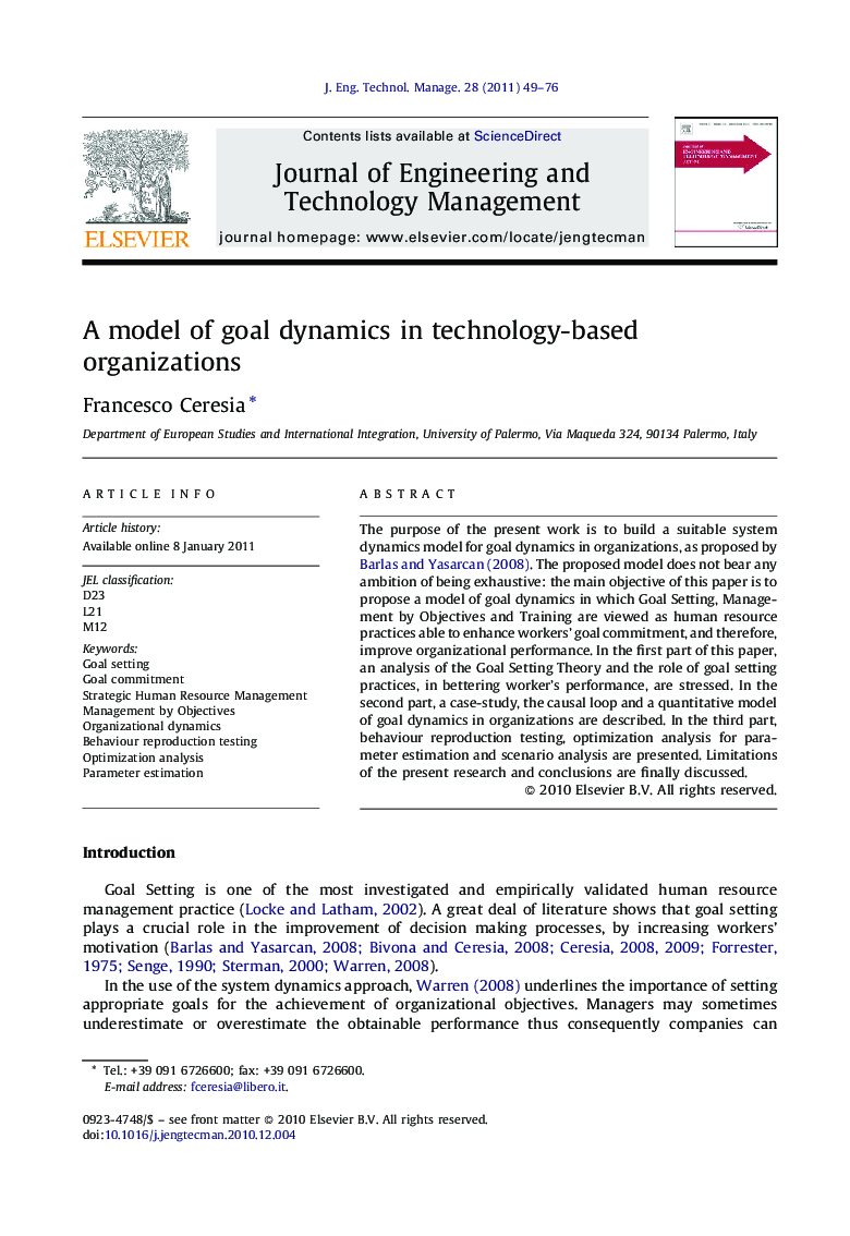 A model of goal dynamics in technology-based organizations