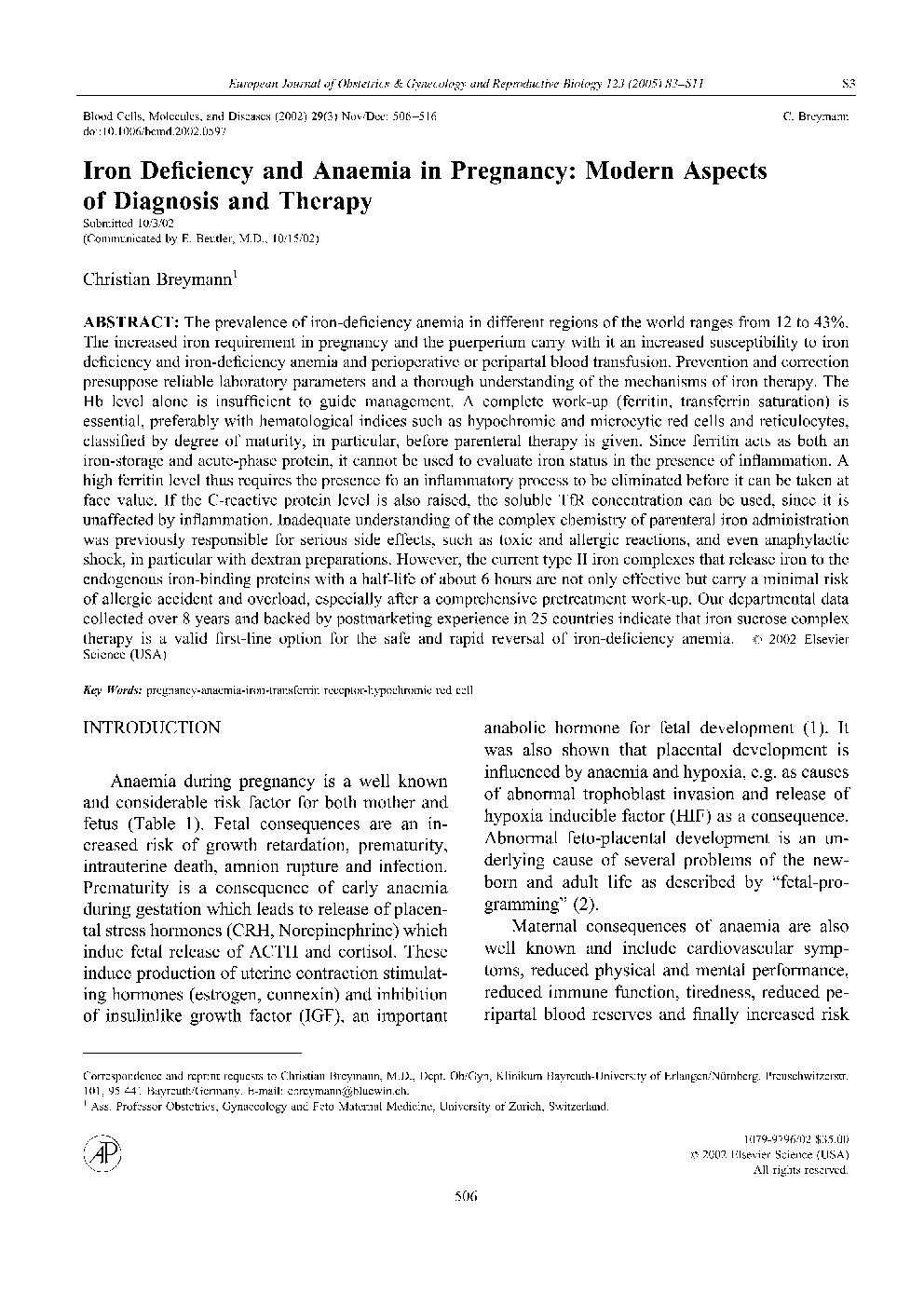 Iron deficiency and anaemia in pregnancy: Modern aspects of diagnosis and therapy