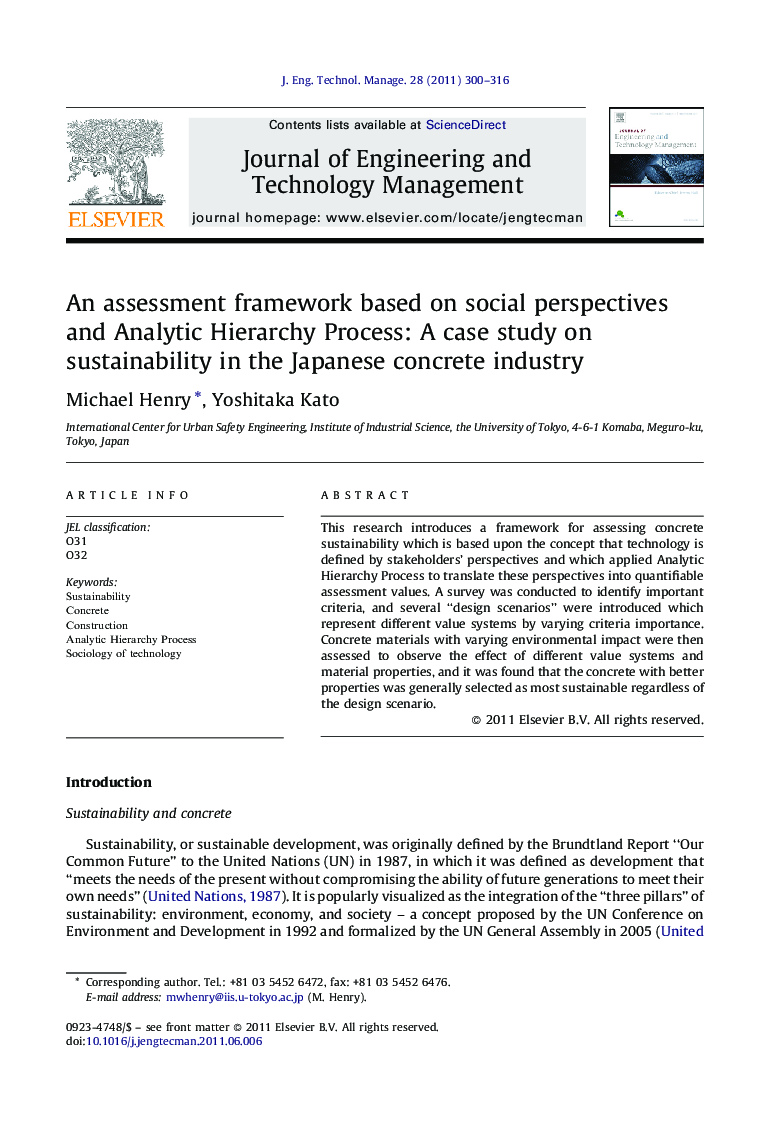 An assessment framework based on social perspectives and Analytic Hierarchy Process: A case study on sustainability in the Japanese concrete industry