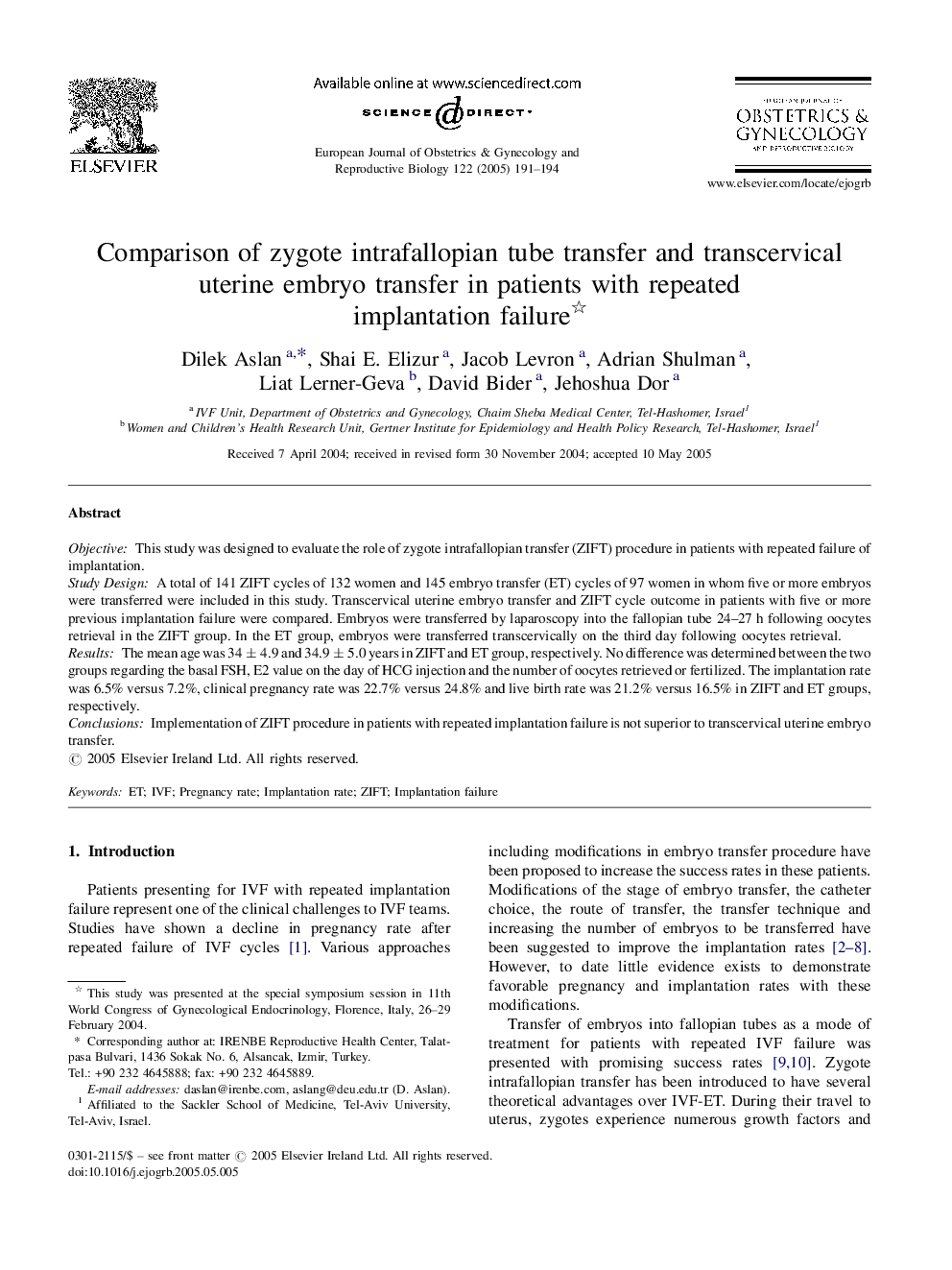 Comparison of zygote intrafallopian tube transfer and transcervical uterine embryo transfer in patients with repeated implantation failure