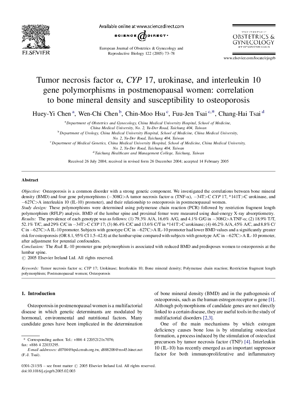 Tumor necrosis factor Î±, CYP 17, urokinase, and interleukin 10 gene polymorphisms in postmenopausal women: correlation to bone mineral density and susceptibility to osteoporosis