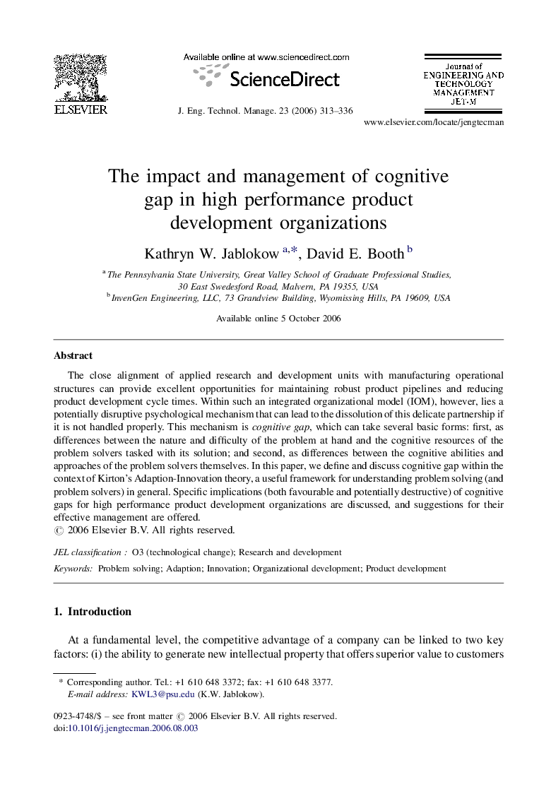 The impact and management of cognitive gap in high performance product development organizations