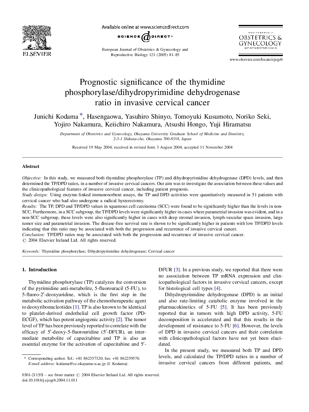 Prognostic significance of the thymidine phosphorylase/dihydropyrimidine dehydrogenase ratio in invasive cervical cancer