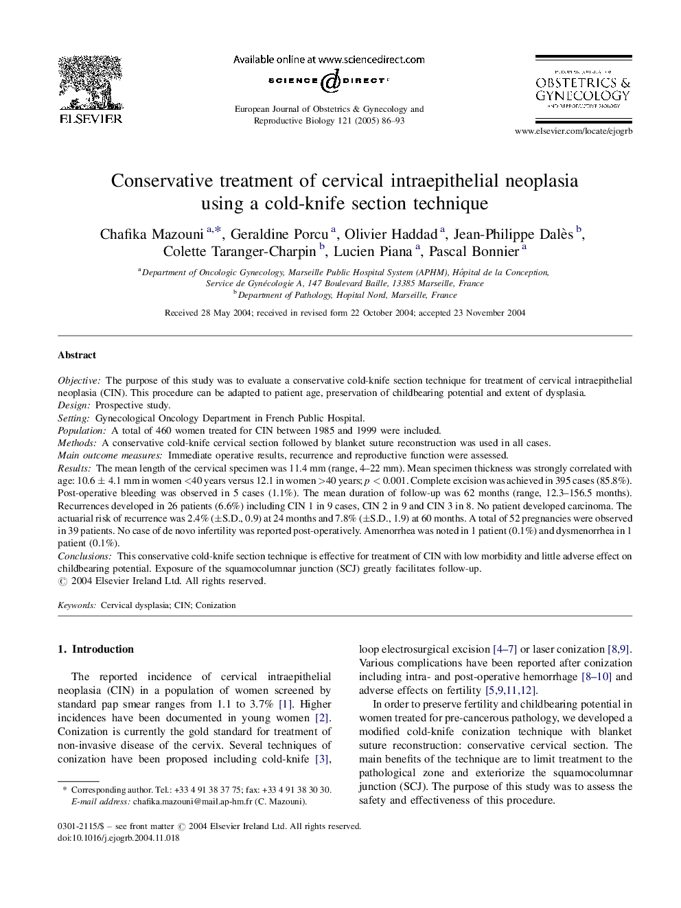 Conservative treatment of cervical intraepithelial neoplasia using a cold-knife section technique