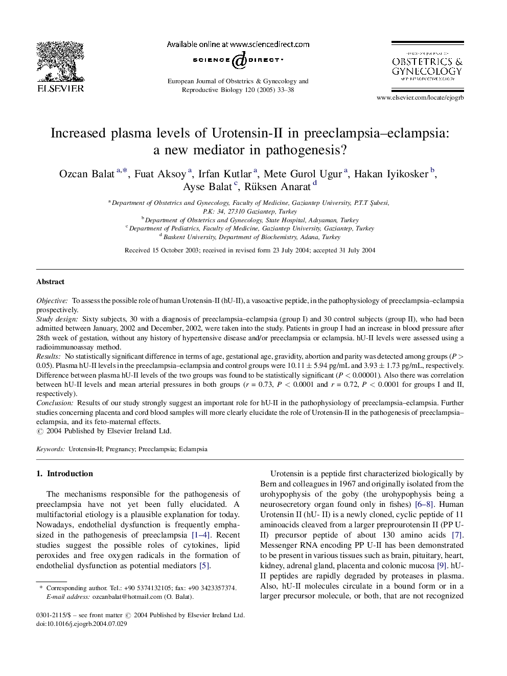 Increased plasma levels of Urotensin-II in preeclampsia-eclampsia: a new mediator in pathogenesis?