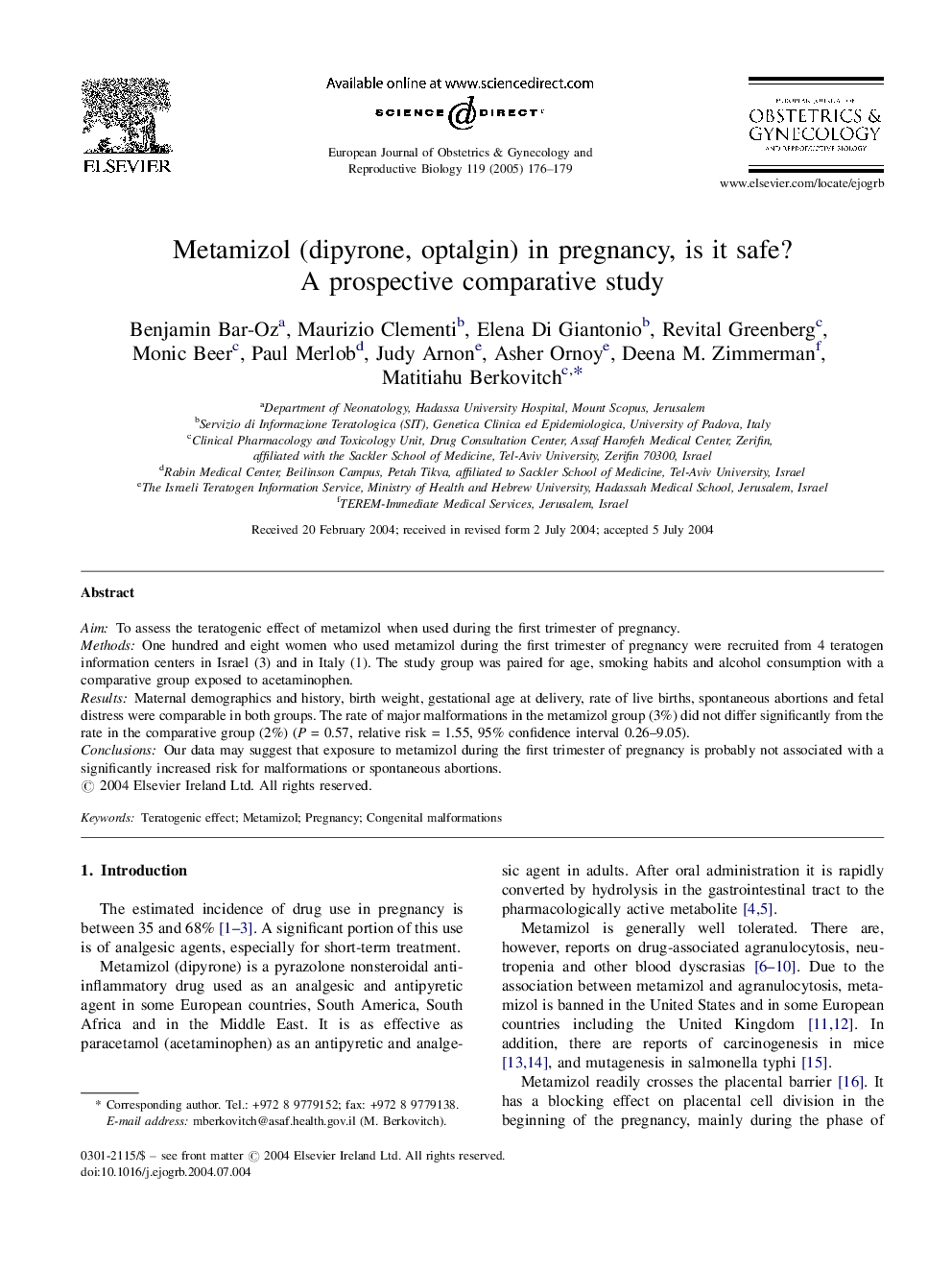 Metamizol (dipyrone, optalgin) in pregnancy, is it safe? A prospective comparative study