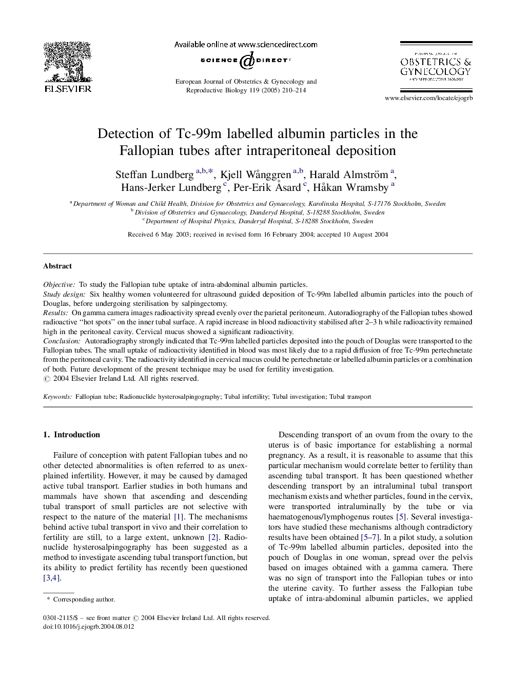 Detection of Tc-99m labelled albumin particles in the Fallopian tubes after intraperitoneal deposition