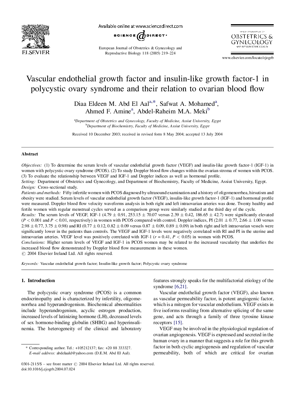 Vascular endothelial growth factor and insulin-like growth factor-1 in polycystic ovary syndrome and their relation to ovarian blood flow