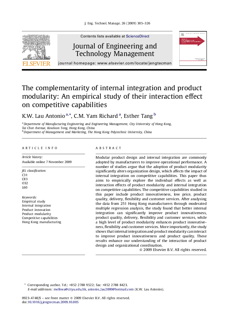 The complementarity of internal integration and product modularity: An empirical study of their interaction effect on competitive capabilities