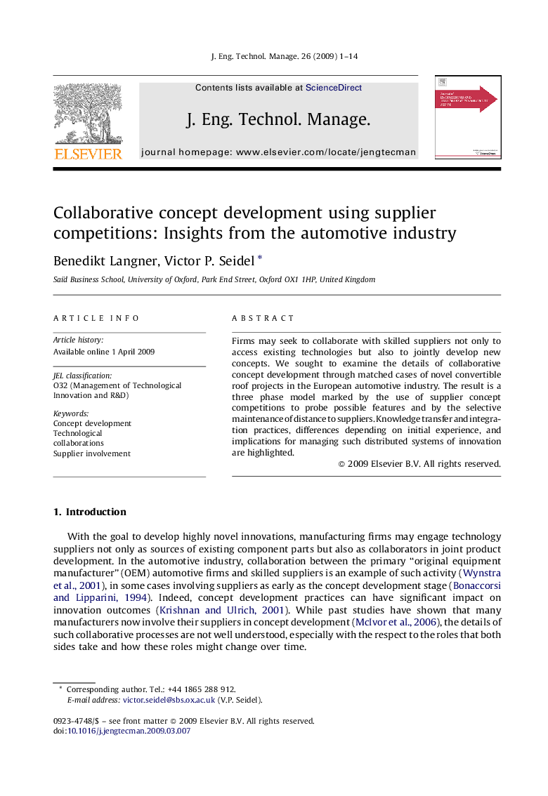 Collaborative concept development using supplier competitions: Insights from the automotive industry