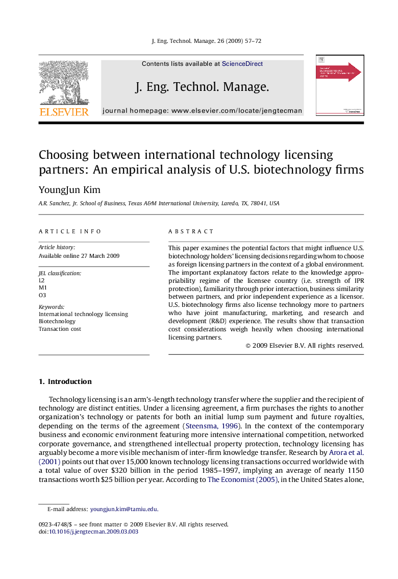 Choosing between international technology licensing partners: An empirical analysis of U.S. biotechnology firms