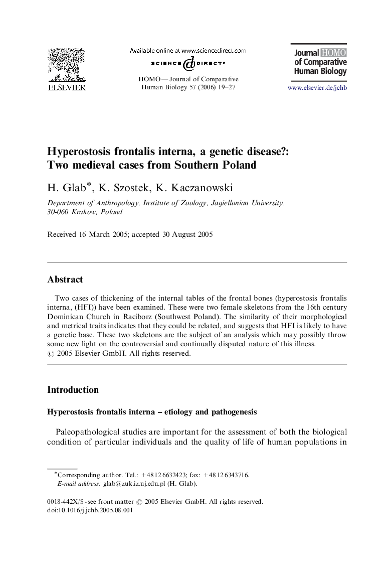 Hyperostosis frontalis interna, a genetic disease?: Two medieval cases from Southern Poland