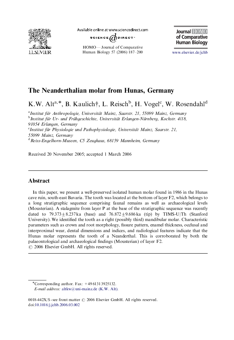 The Neanderthalian molar from Hunas, Germany
