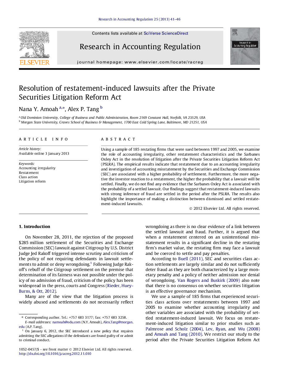 Resolution of restatement-induced lawsuits after the Private Securities Litigation Reform Act