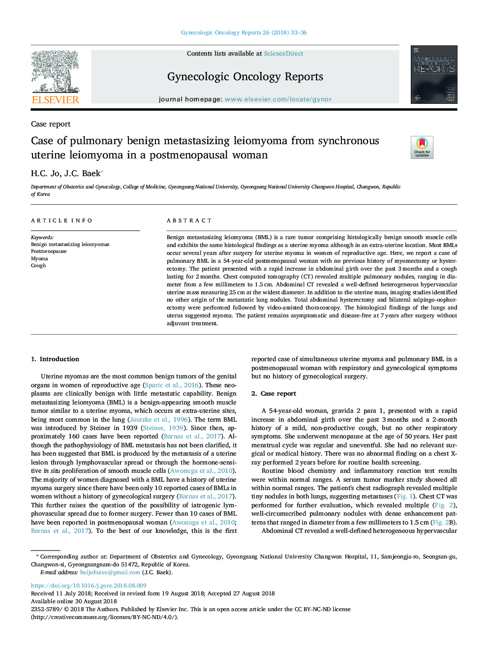 Case of pulmonary benign metastasizing leiomyoma from synchronous uterine leiomyoma in a postmenopausal woman