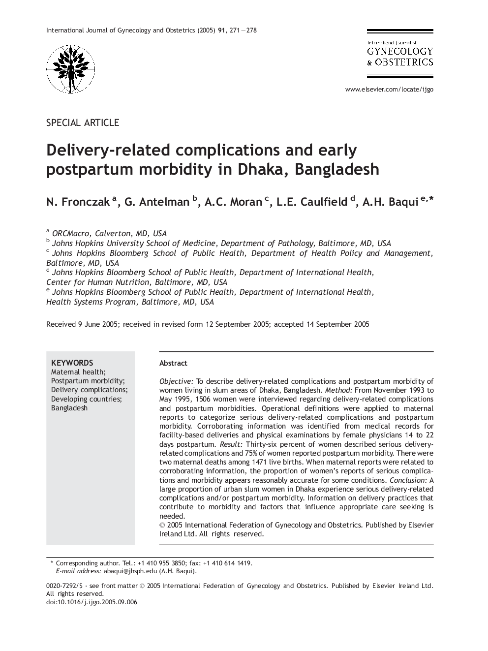 Delivery-related complications and early postpartum morbidity in Dhaka, Bangladesh