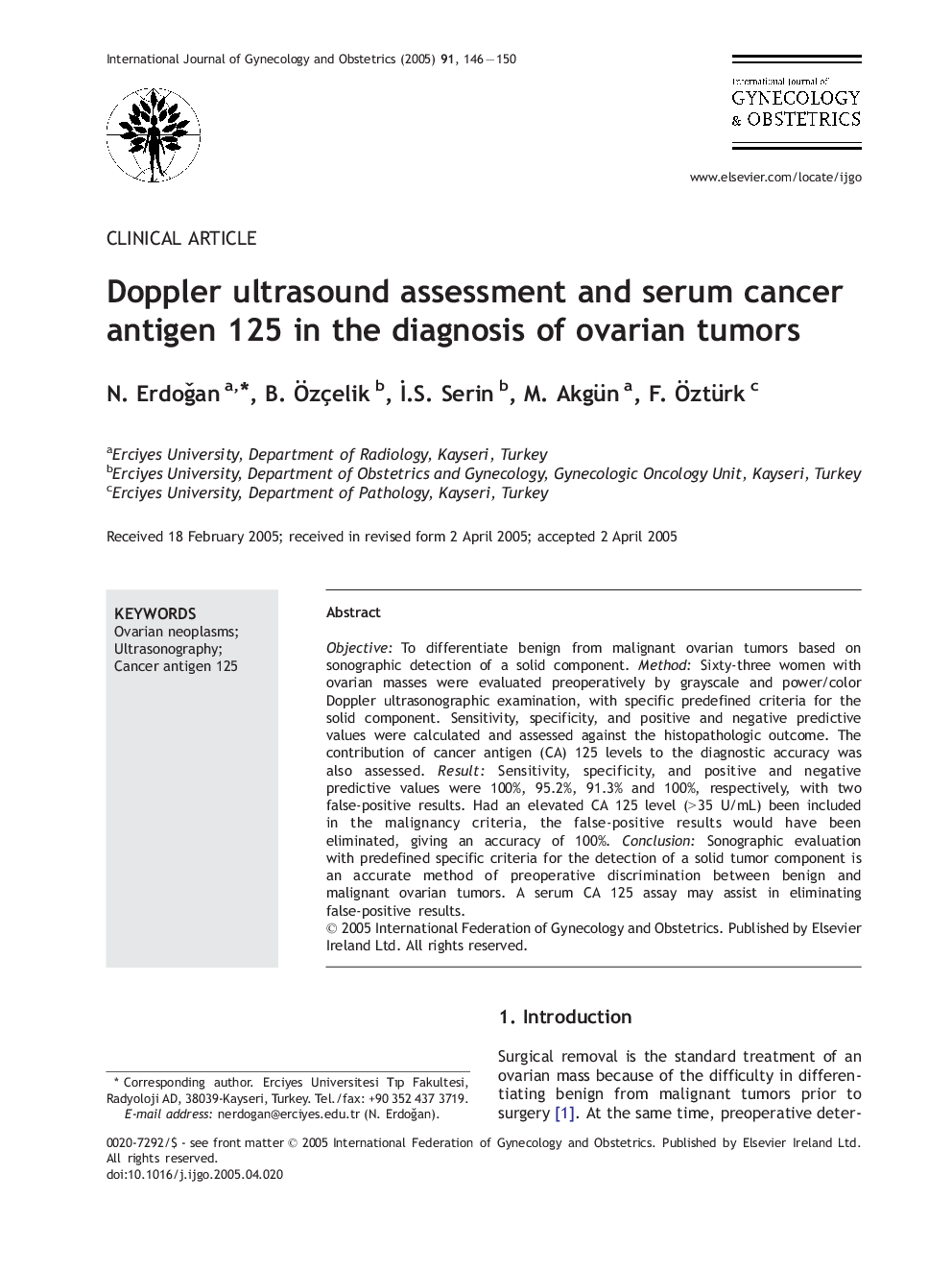 Doppler ultrasound assessment and serum cancer antigen 125 in the diagnosis of ovarian tumors