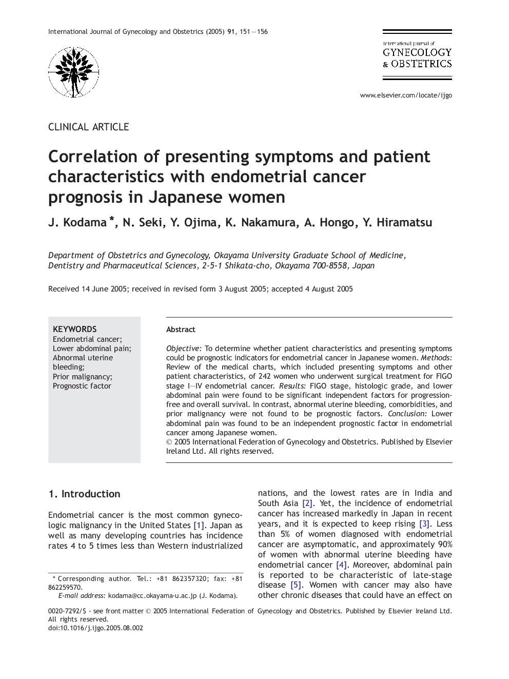 Correlation of presenting symptoms and patient characteristics with endometrial cancer prognosis in Japanese women