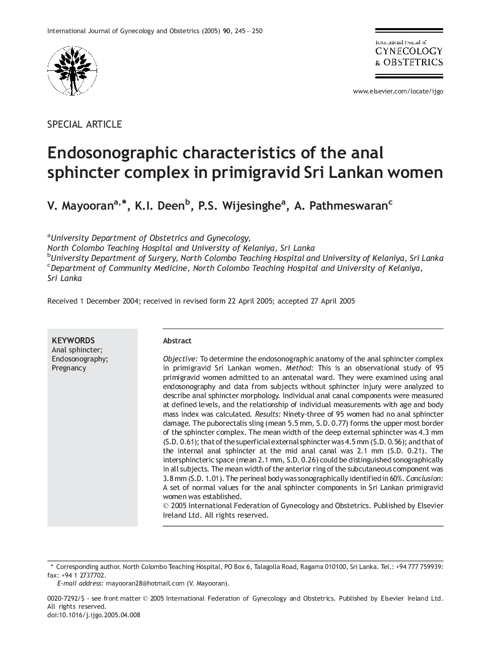 Endosonographic characteristics of the anal sphincter complex in primigravid Sri Lankan women