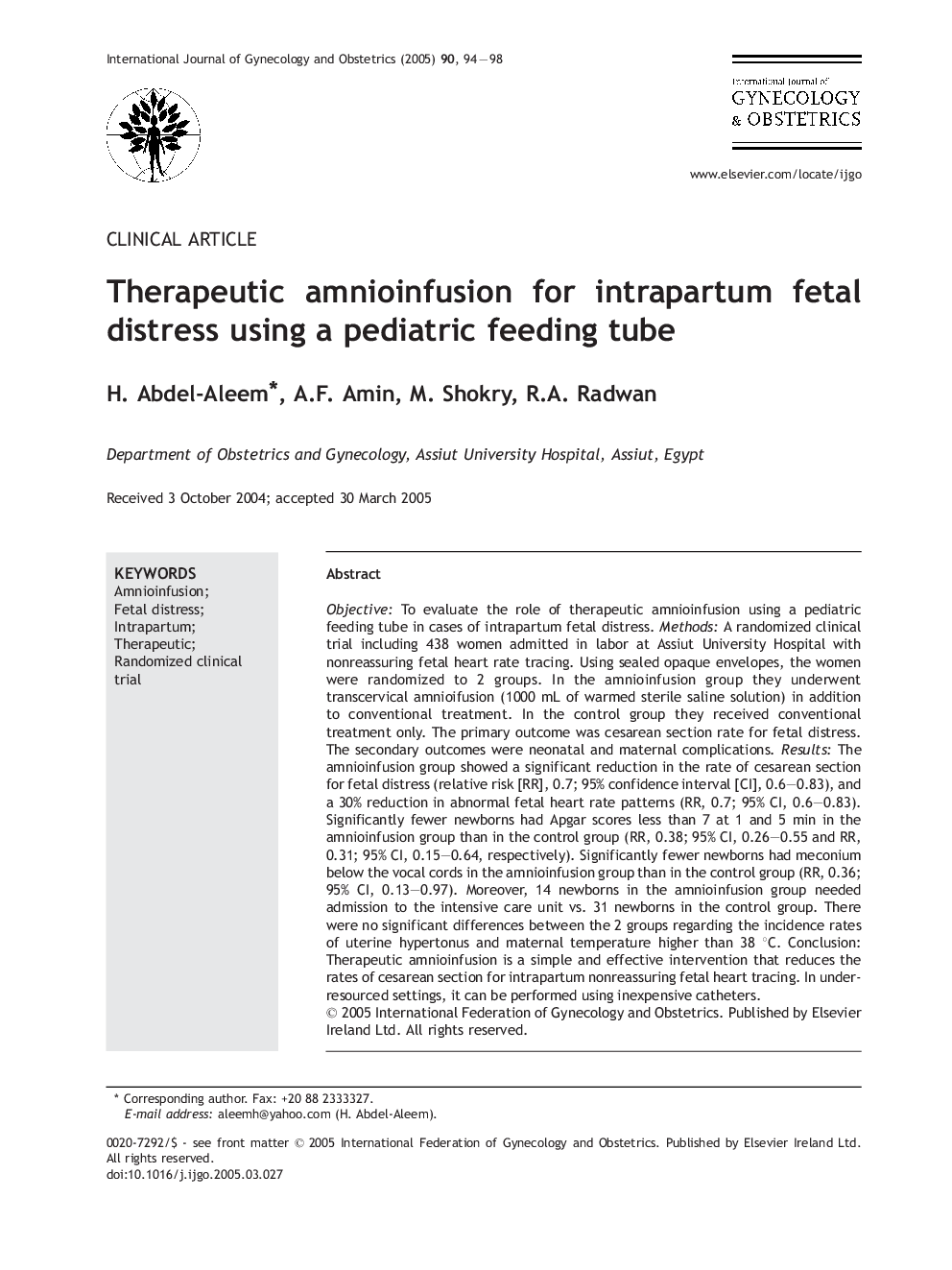 Therapeutic amnioinfusion for intrapartum fetal distress using a pediatric feeding tube