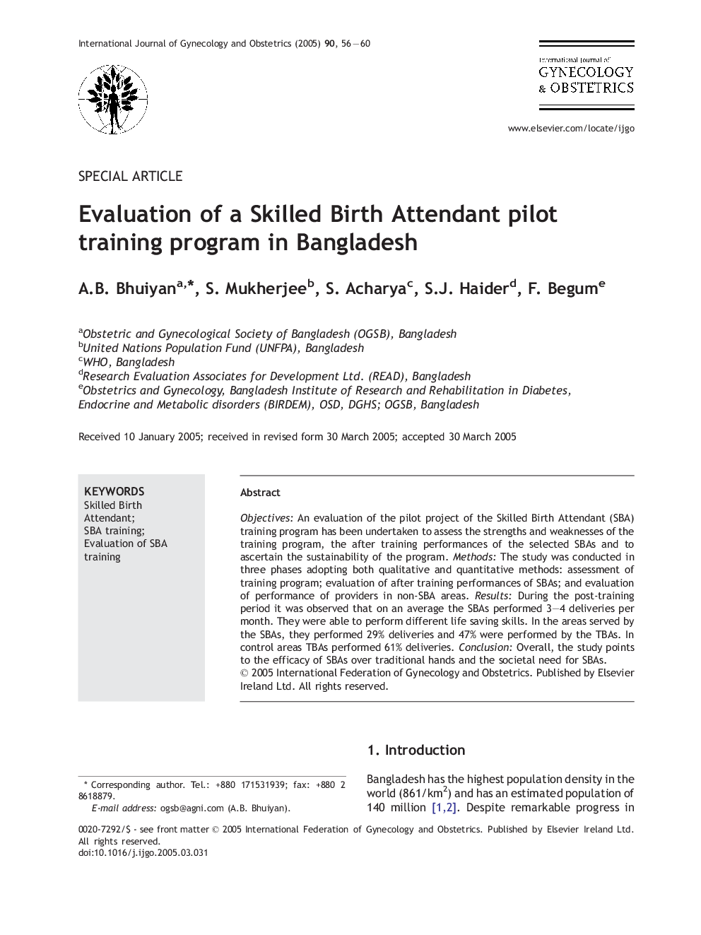 Evaluation of a Skilled Birth Attendant pilot training program in Bangladesh