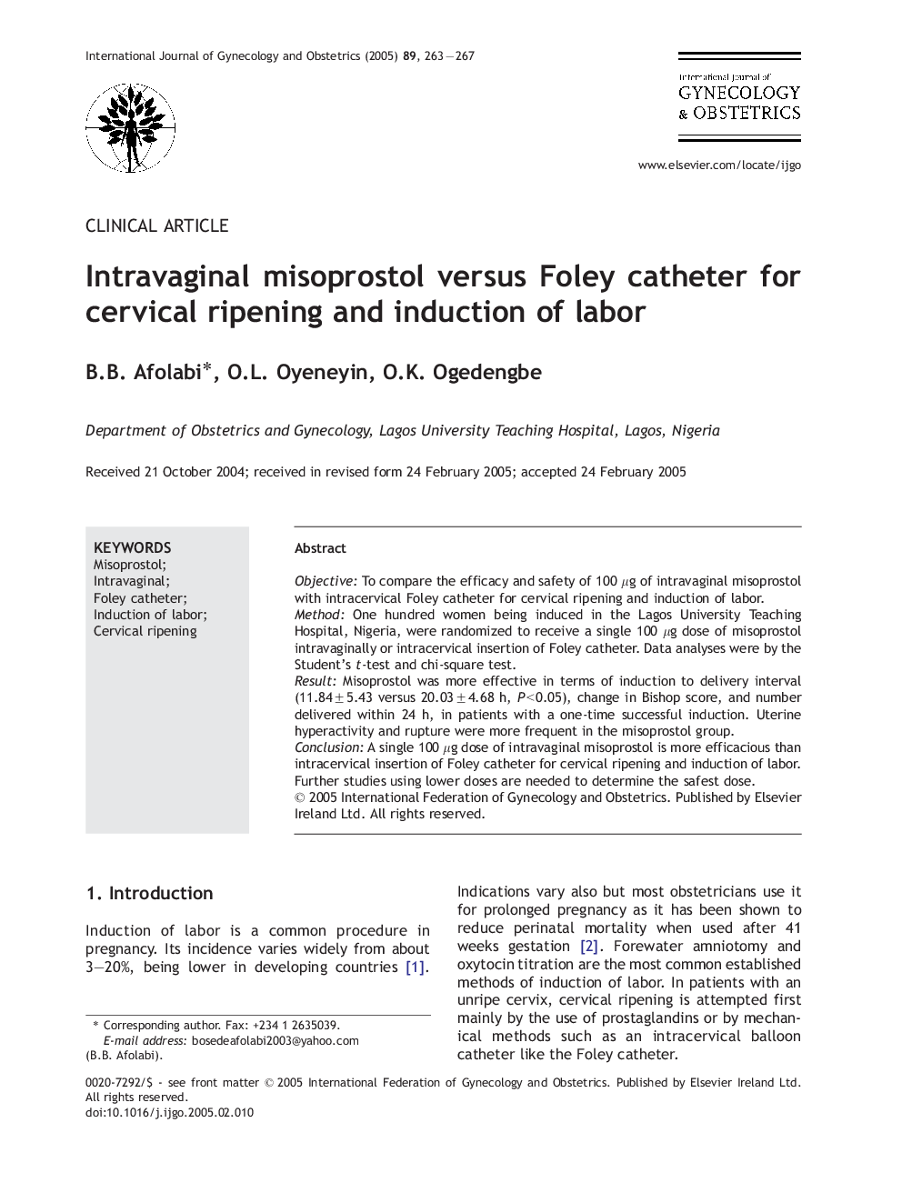 Intravaginal misoprostol versus Foley catheter for cervical ripening and induction of labor