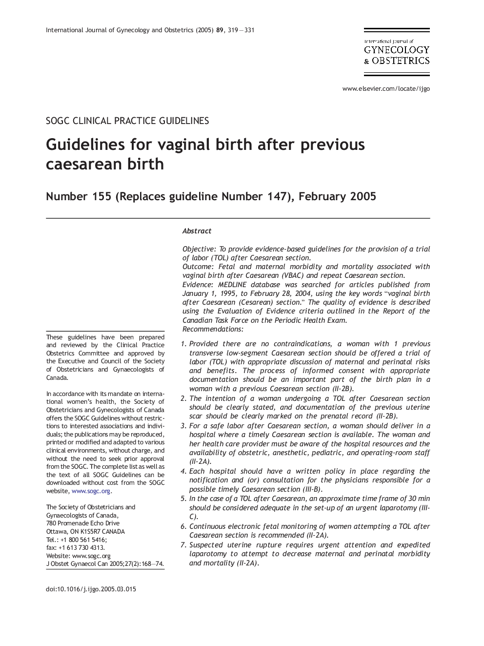 Guidelines for vaginal birth after previous caesarean birth