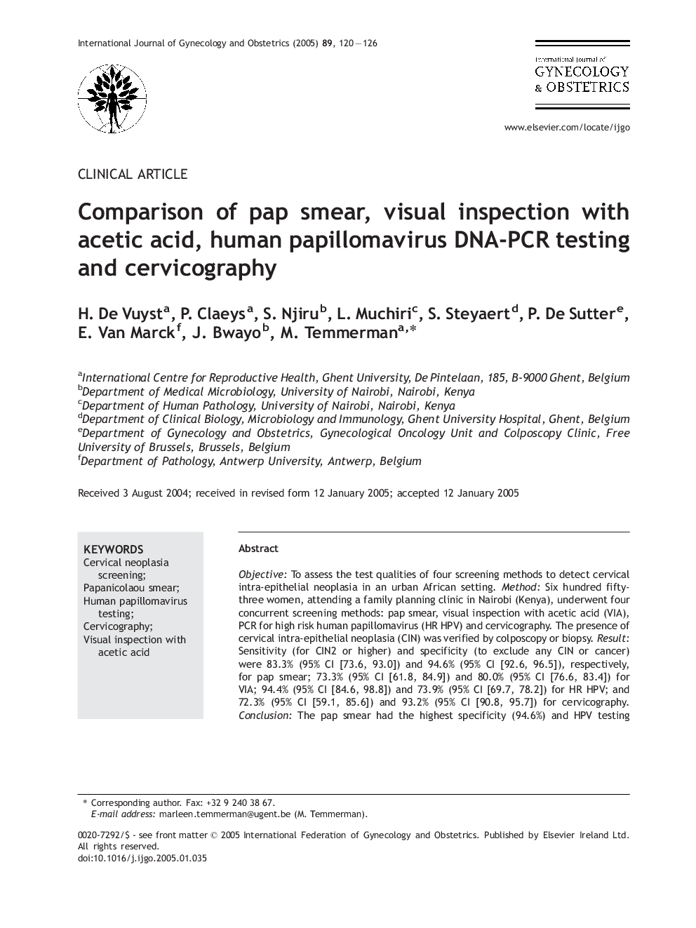 Comparison of pap smear, visual inspection with acetic acid, human papillomavirus DNA-PCR testing and cervicography