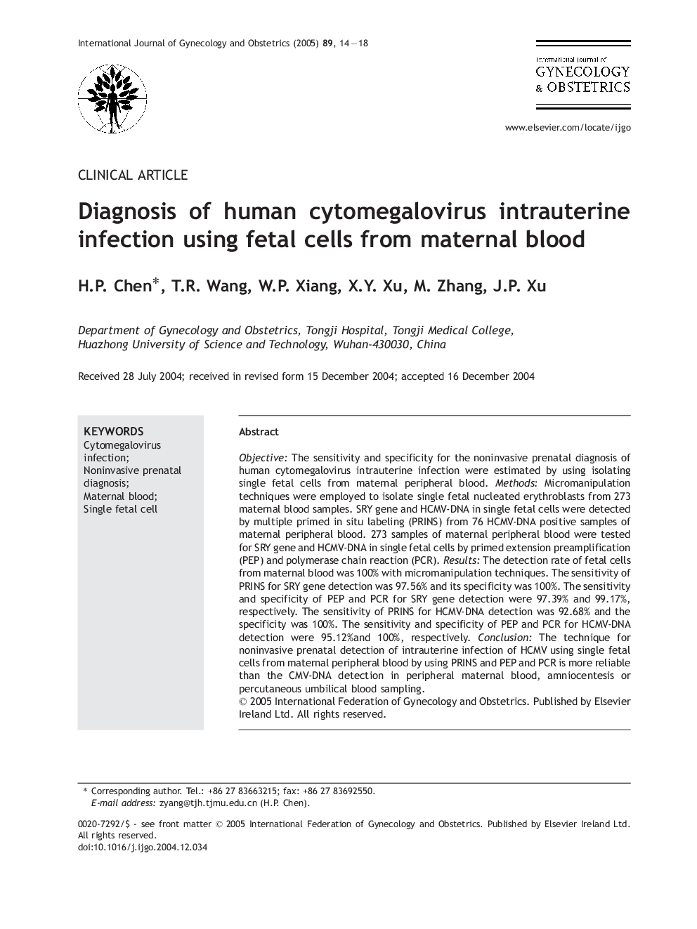 Diagnosis of human cytomegalovirus intrauterine infection using fetal cells from maternal blood