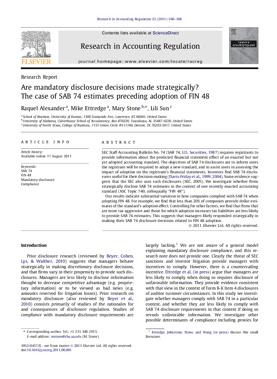 Are mandatory disclosure decisions made strategically? The case of SAB 74 estimates preceding adoption of FIN 48