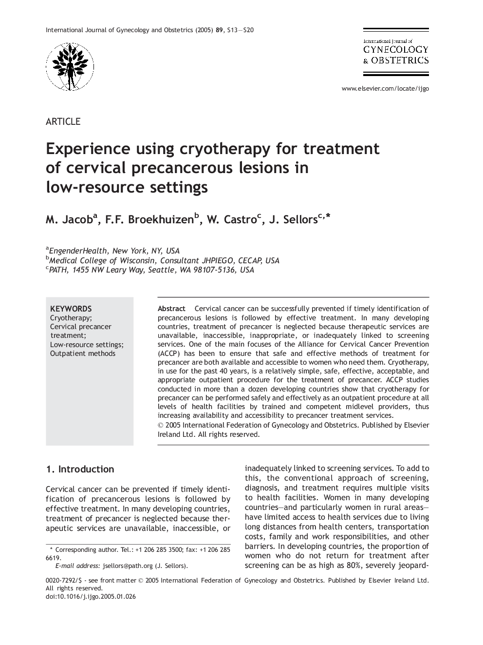 Experience using cryotherapy for treatment of cervical precancerous lesions in low-resource settings