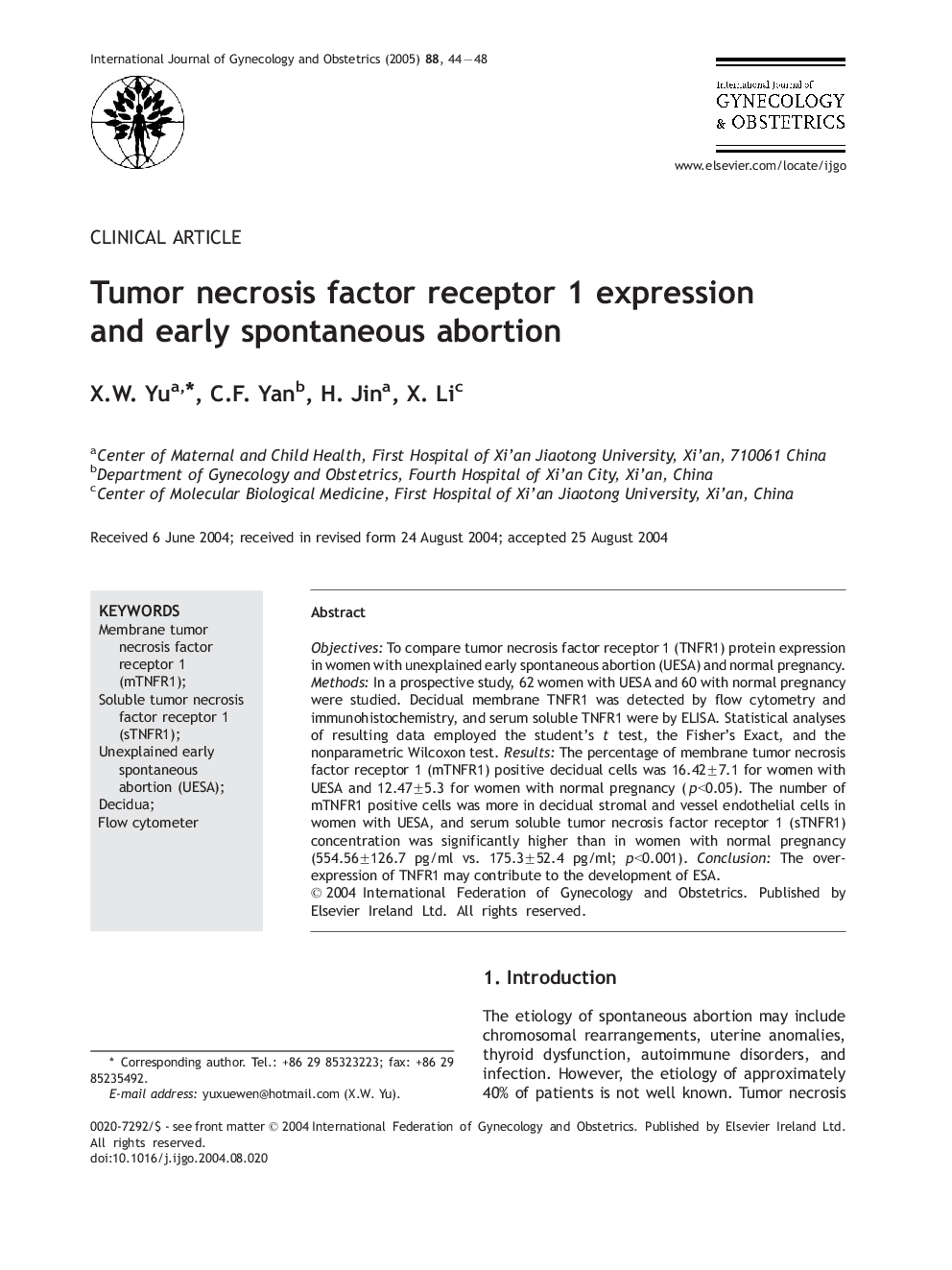 Tumor necrosis factor receptor 1 expression and early spontaneous abortion