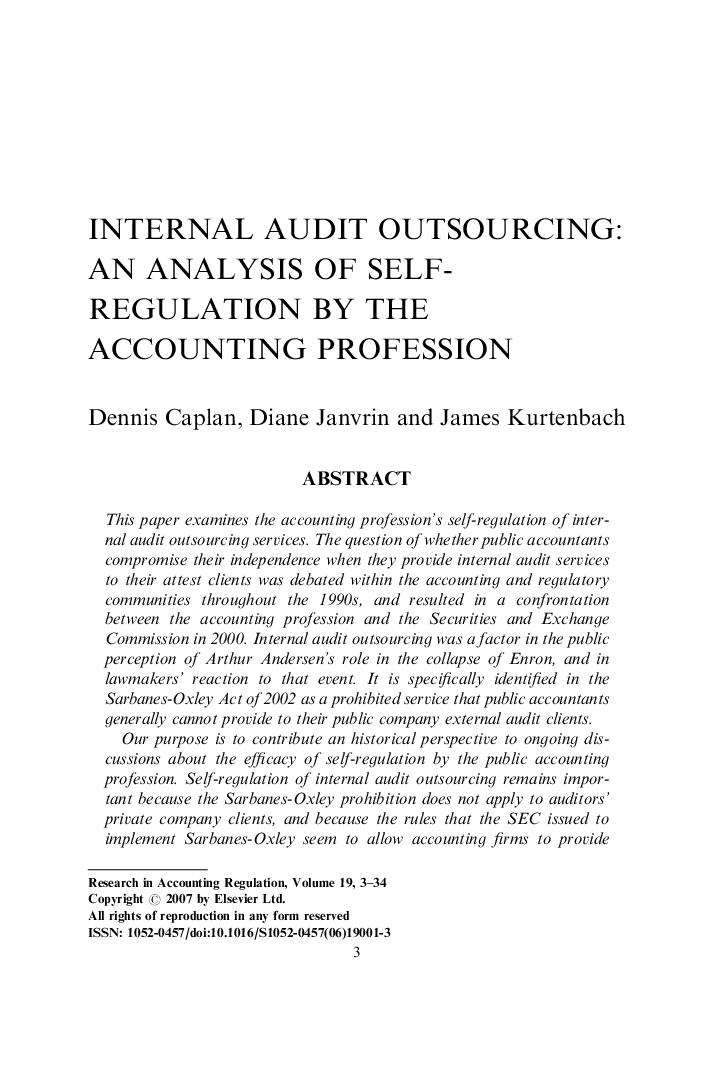 Internal Audit Outsourcing: An Analysis of Self-Regulation by the Accounting Profession