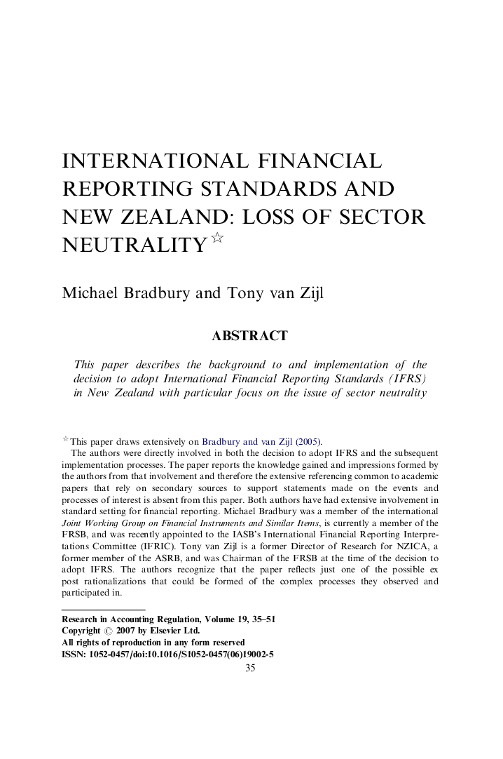 International Financial Reporting Standards and New Zealand: Loss of Sector Neutrality 